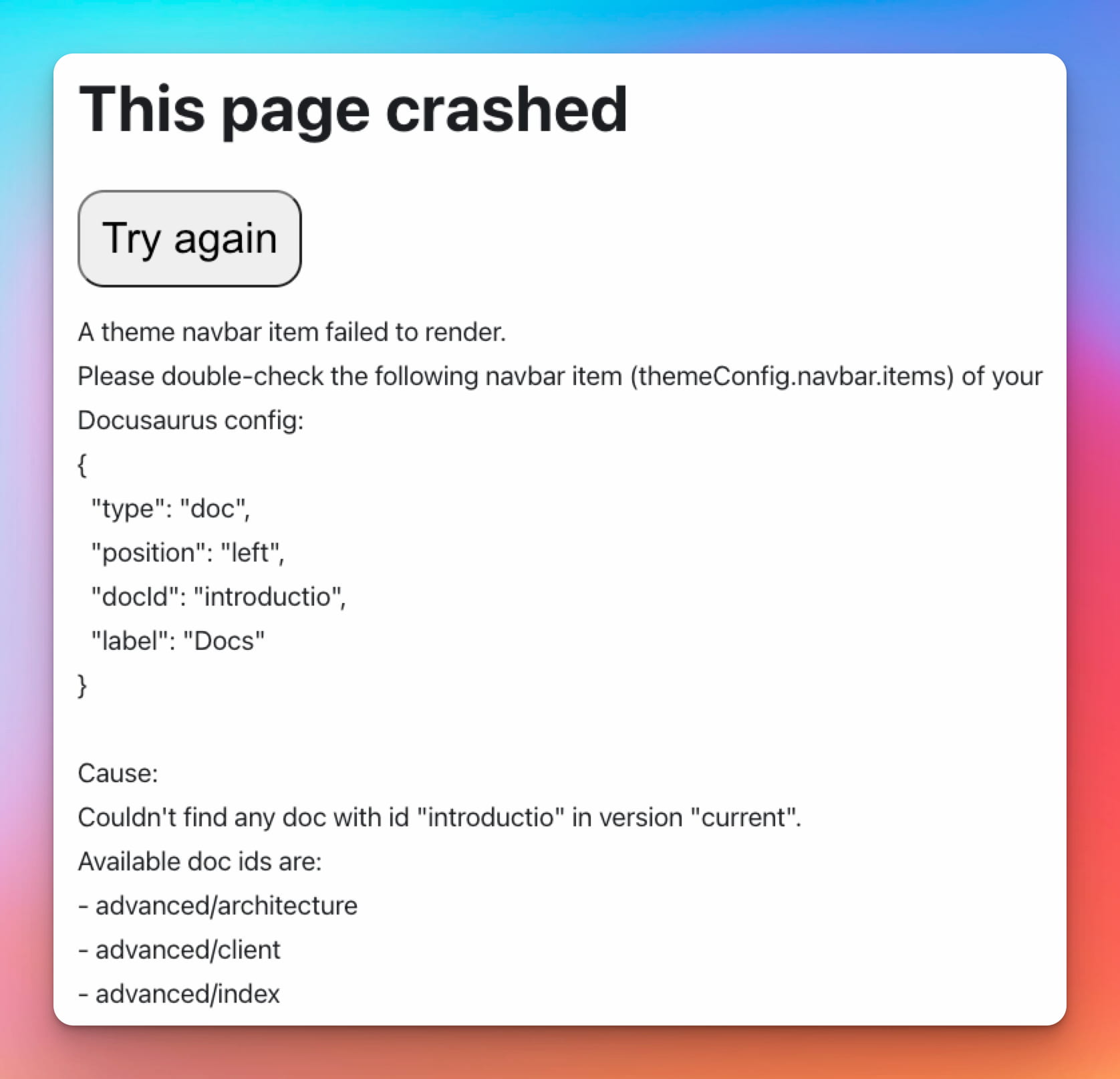 Docusaurus navbar error message screenshot